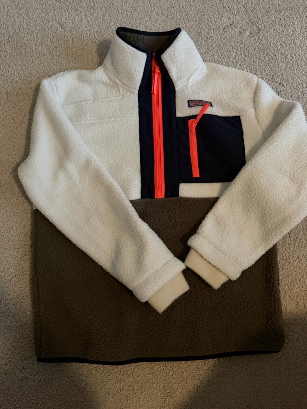 Vineyard Vines Cream Navy Brown Sherpa Pullover with Coral Zip Accents